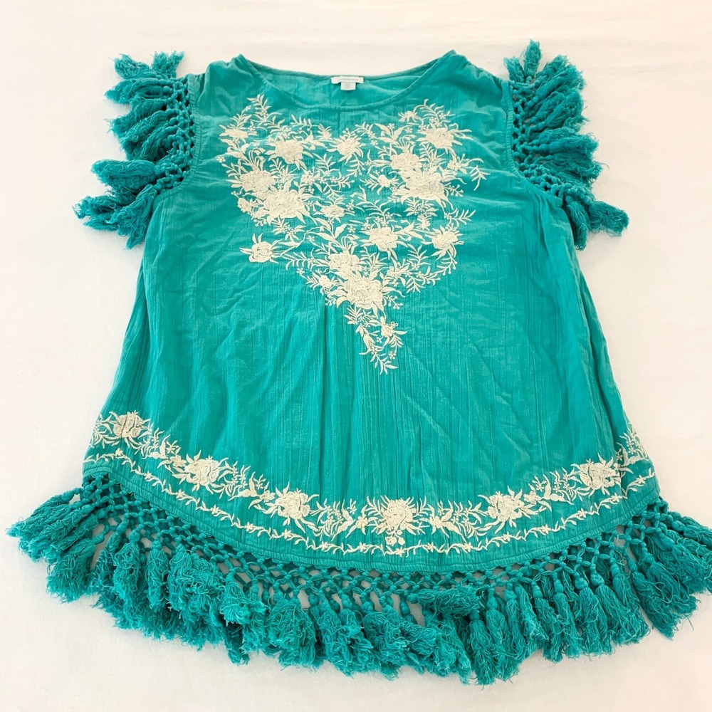 Sundance Embroidered Tassel Tunic Womens Size PS Teal Boho Cotton Top